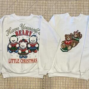 Lot Of 2 Vintage 90s Teddy Bear Christmas Crewneck Sweatshirt Beary Christmas